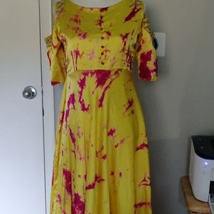 Colourful frock with cold shoulder